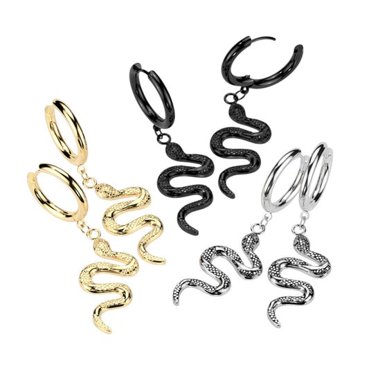 Surgical Steel Hoop Earrings with Snake Dangle