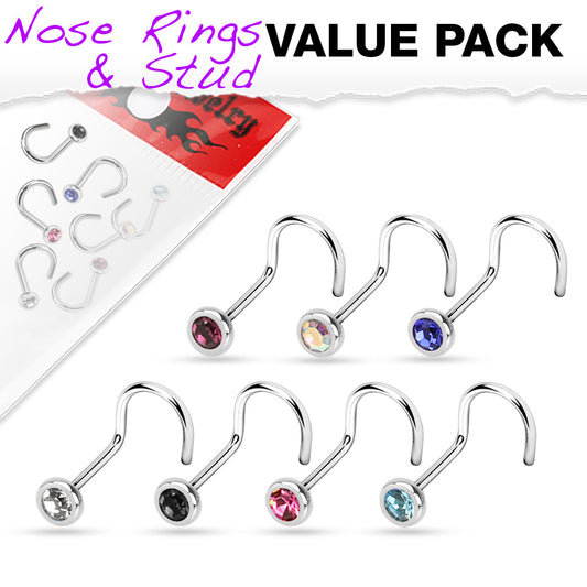 7pc Value Pack of Surgical Steel Press Fit Gem Nostril Corkscrews